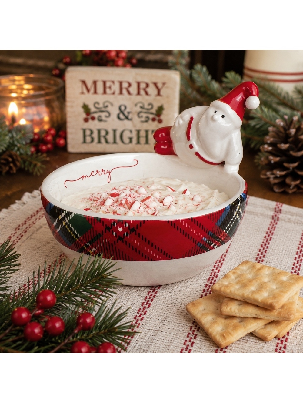 Mud Pie Santa Tartan Dip Bowl Christmas Serving Dish Holiday Candy Snack Bowl